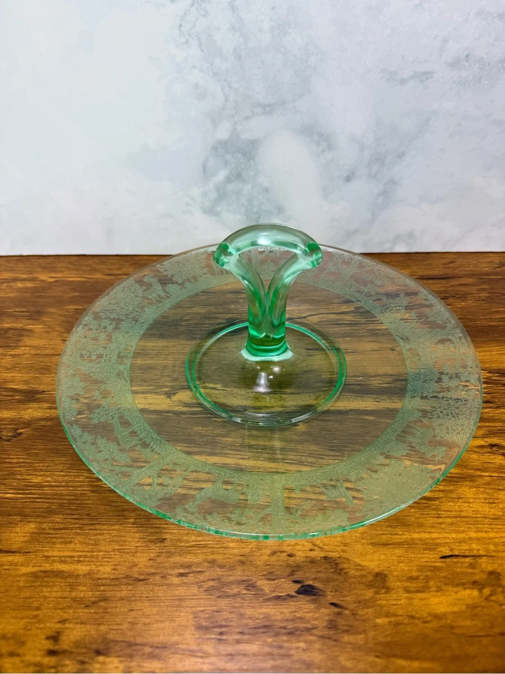 Vintage Tiffin Deerwood Uranium Glass Center Handle Tidbit Tray Etched Deer